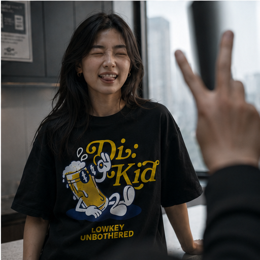Model throwing peace sign in the tee