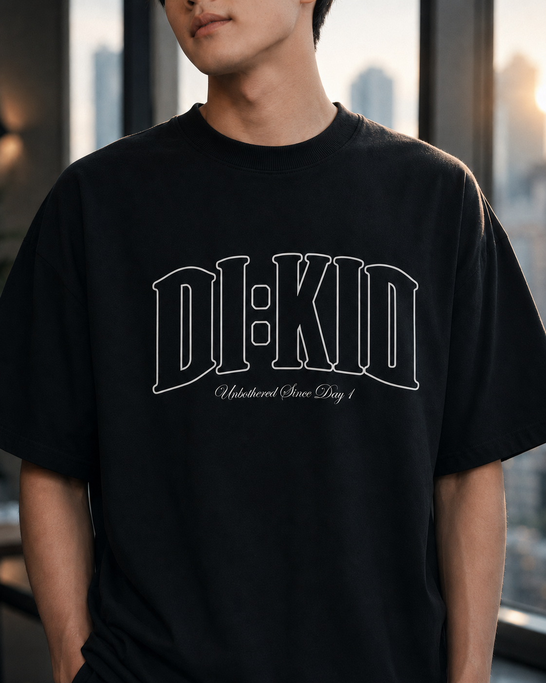 Front detail of the black DI:KID tee