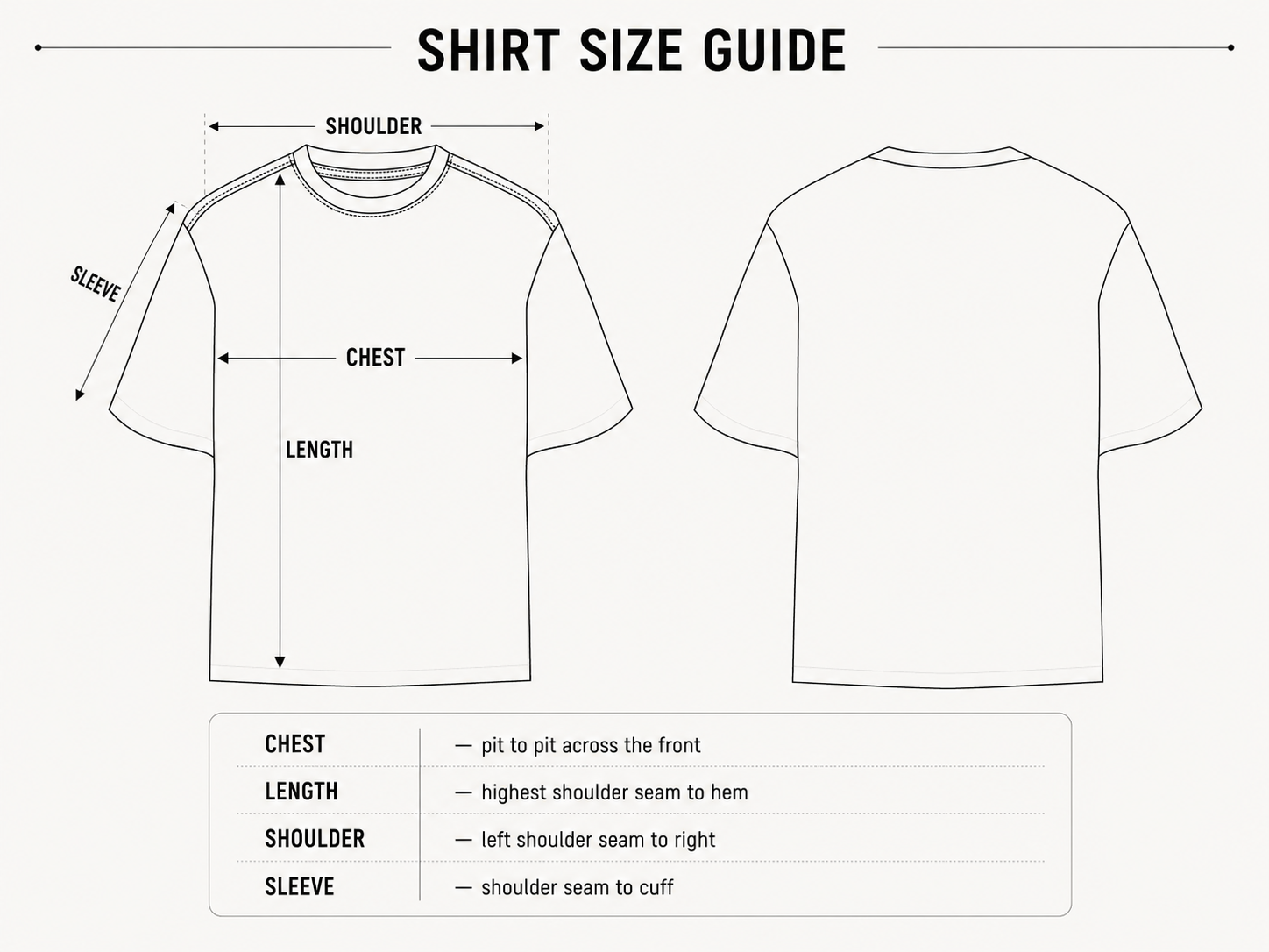 DI:KID shirt size guide diagram with chest, length, shoulder and sleeve measurements